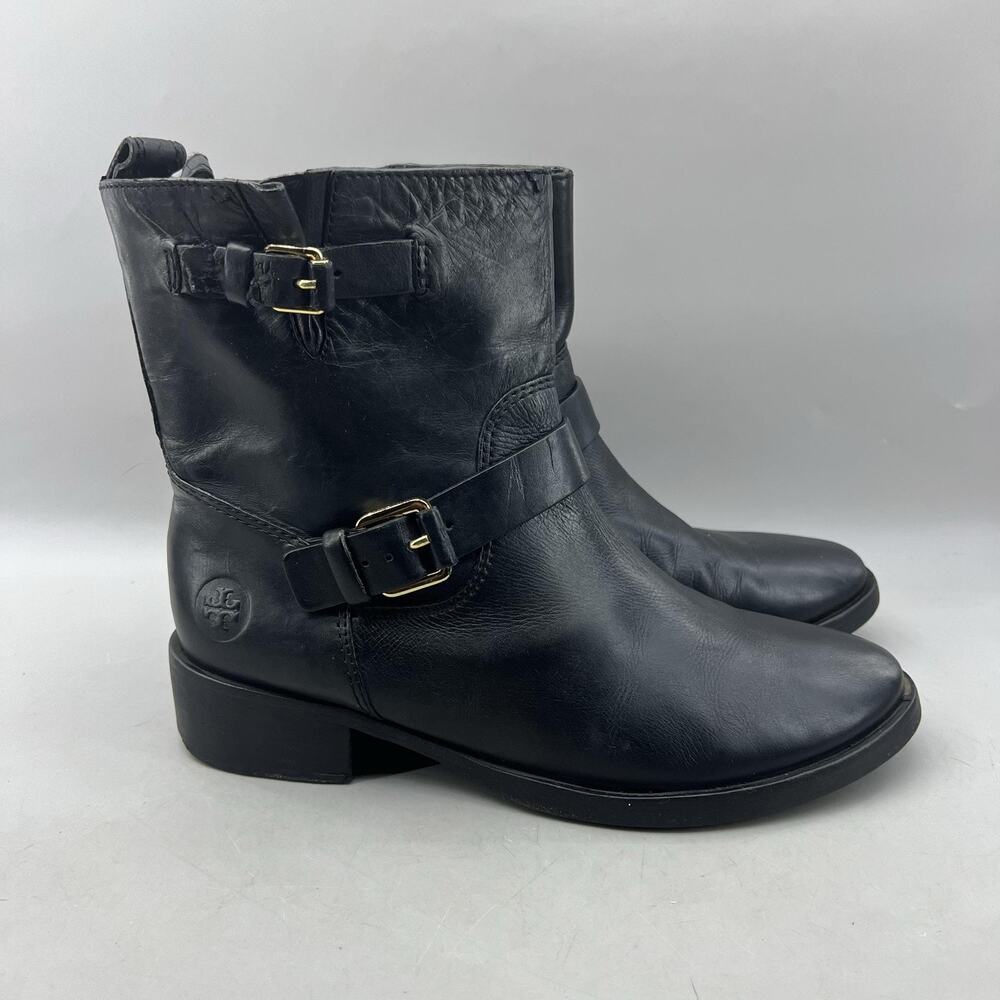 Tory Burch Bennie Moto Biker Boots Women's 9.5 Black Leather Buckle Ankle Shoes